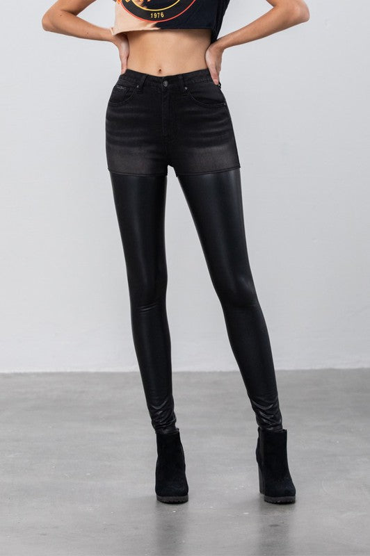 Women's High Rise Skinny Leather Denim Pants