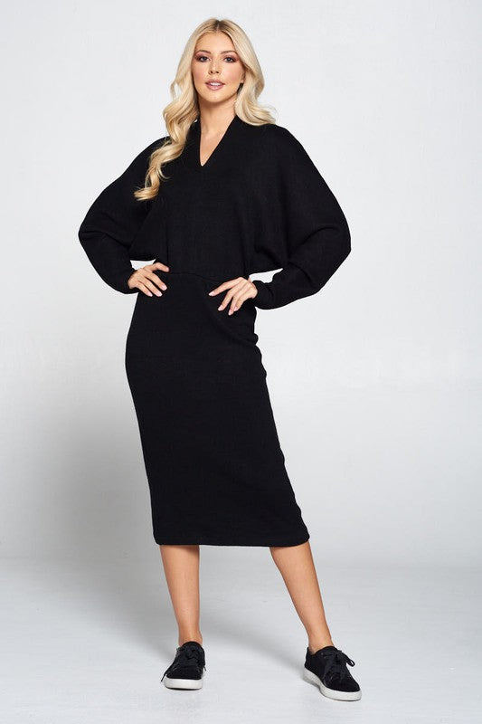 Women's Casual V-Neck Sweater Knit Midi Dress