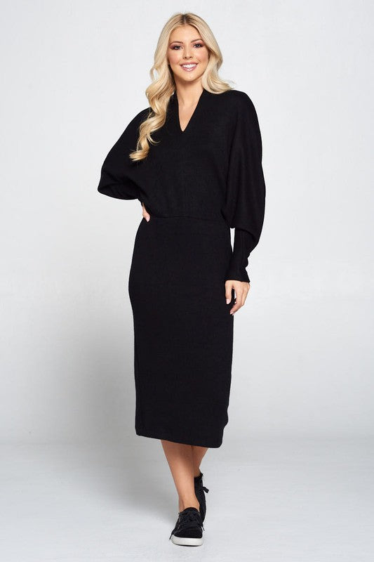 Women's Casual V-Neck Sweater Knit Midi Dress