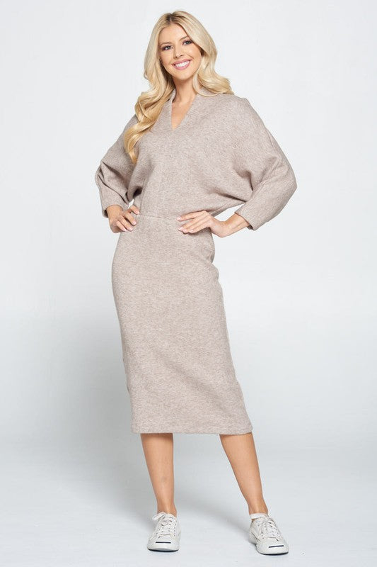 Women's Casual V-Neck Sweater Knit Midi Dress