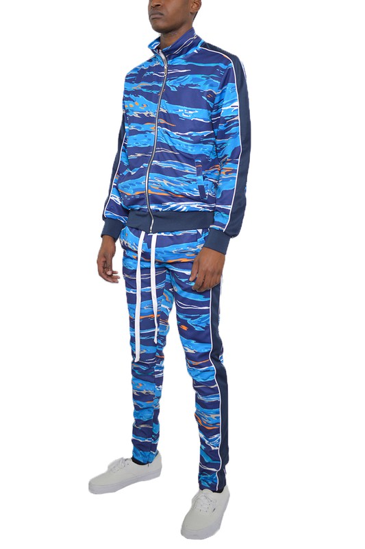 Men's Full Zip Track Suit Set with Piping Detail