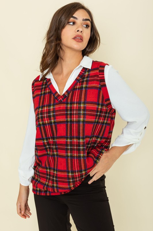 Women's Red Plaid Button-Top Vest