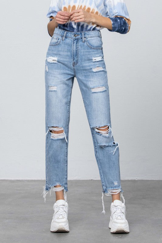 Women's High Waist Ripped Fray Girlfriend Jeans