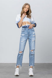 Women's High Waist Ripped Fray Girlfriend Jeans