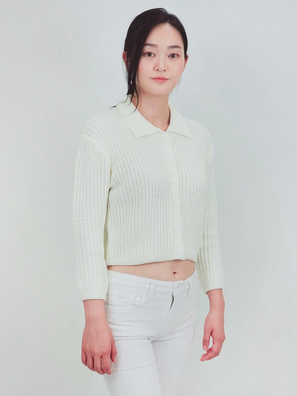 Women's Vintage Waffle Knit Crop Sweater Cardigan with Collar