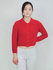 Women's Vintage Waffle Knit Crop Sweater Cardigan with Collar