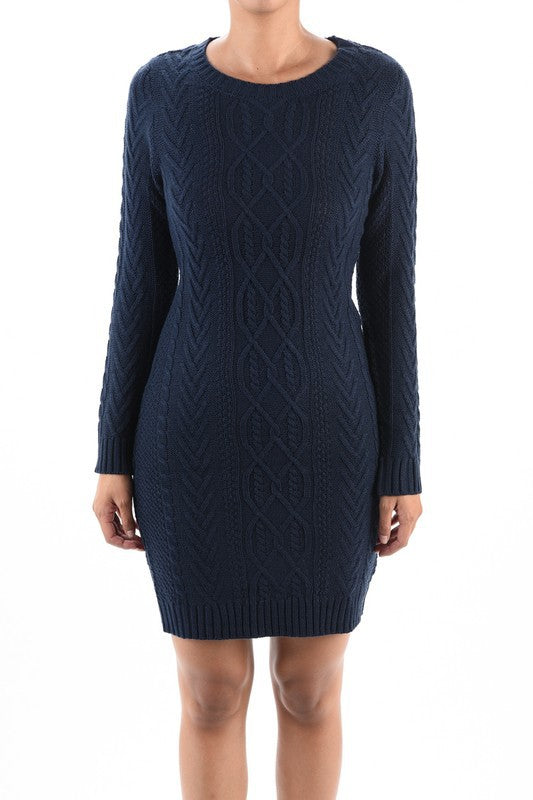 Women's Cable Knit Long Sleeve Midi Sweater Dress