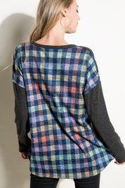 Women's Loose Fit Plaid Mixed Long Sleeve Top