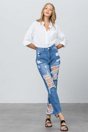 Women's High Rise Distressed Straight Jeans