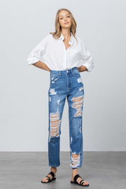 Women's High Rise Distressed Straight Jeans