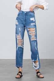 Women's High Rise Distressed Straight Jeans