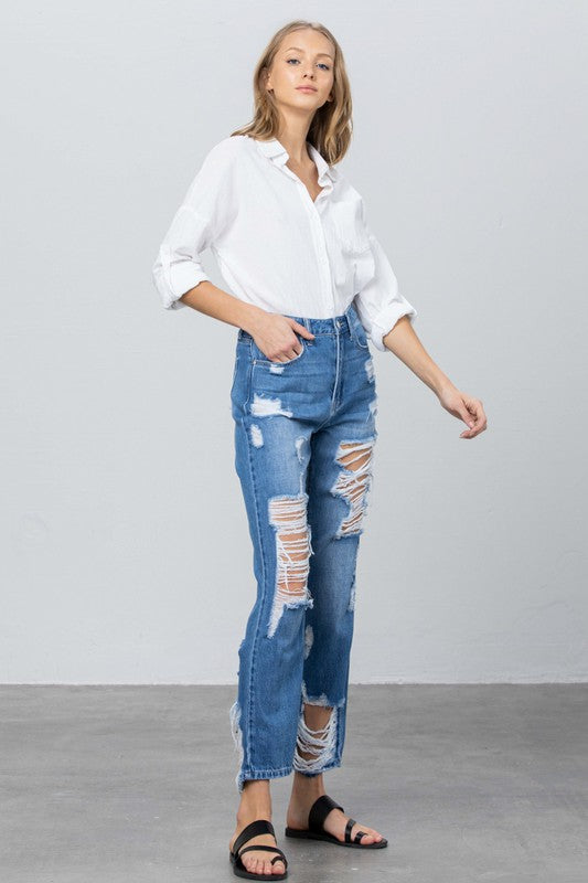 Women's High Rise Distressed Straight Jeans