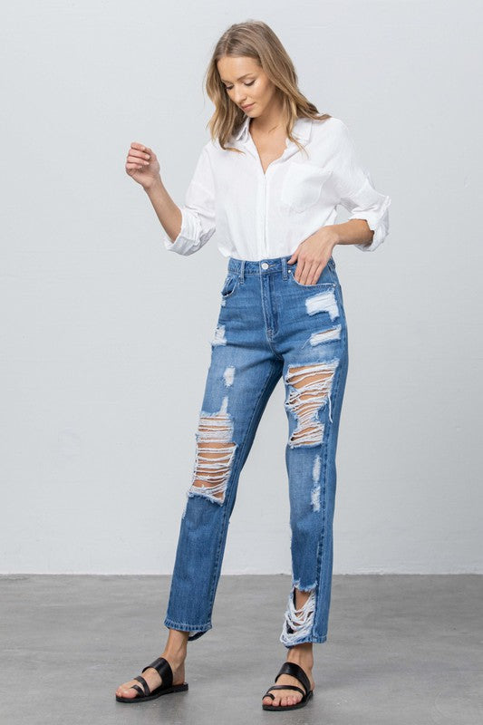 Women's High Rise Distressed Straight Jeans