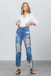 Women's High Rise Distressed Straight Jeans