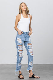 Women's Heavy Distressed Loose Fit Straight Jeans