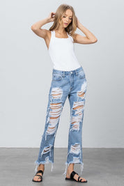 Women's Heavy Distressed Loose Fit Straight Jeans