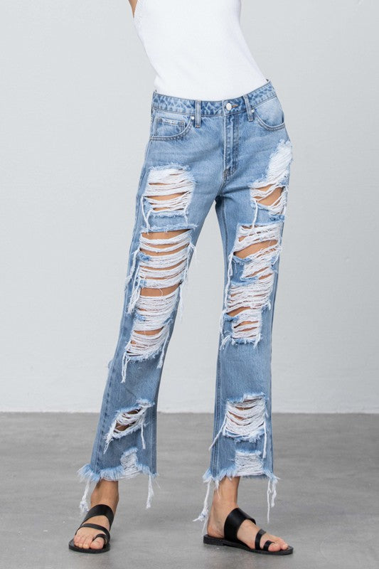 Women's Heavy Distressed Loose Fit Straight Jeans