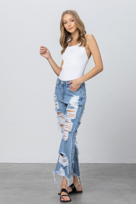 Women's Heavy Distressed Loose Fit Straight Jeans