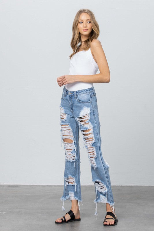 Women's Heavy Distressed Loose Fit Straight Jeans