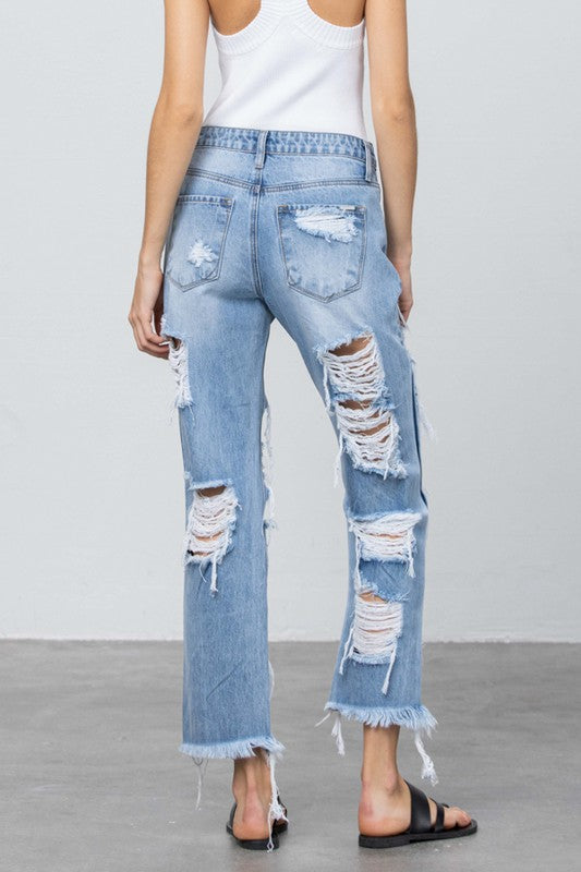 Women's Heavy Distressed Loose Fit Straight Jeans