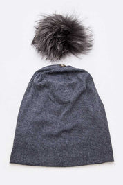 Unisex Slouchy Cotton Beanie with Raccoon Fur Pom