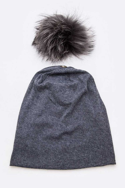 Unisex Slouchy Cotton Beanie with Raccoon Fur Pom
