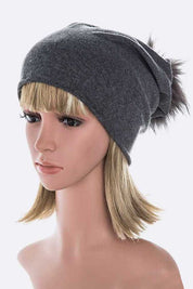 Unisex Slouchy Cotton Beanie with Raccoon Fur Pom
