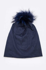 Unisex Slouchy Cotton Beanie with Raccoon Fur Pom