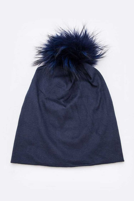Unisex Slouchy Cotton Beanie with Raccoon Fur Pom
