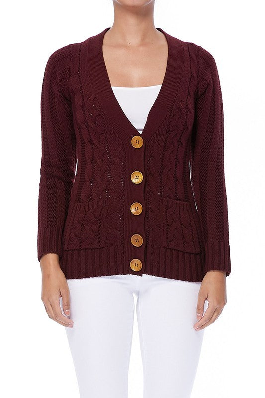 Women's Long Sleeve V-Neck Cable Knit Cardigan with Pockets