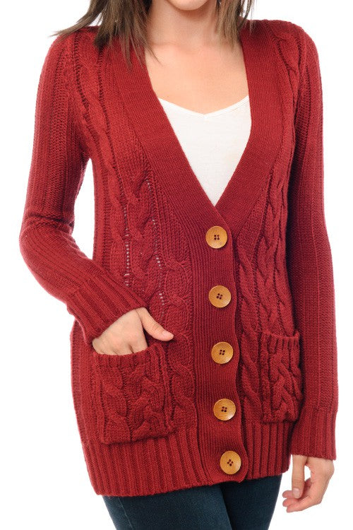 Women's Long Sleeve V-Neck Cable Knit Cardigan with Pockets