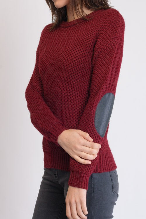 Women's Cozy Honeycomb Stitch Pullover Sweater with Elbow Patches