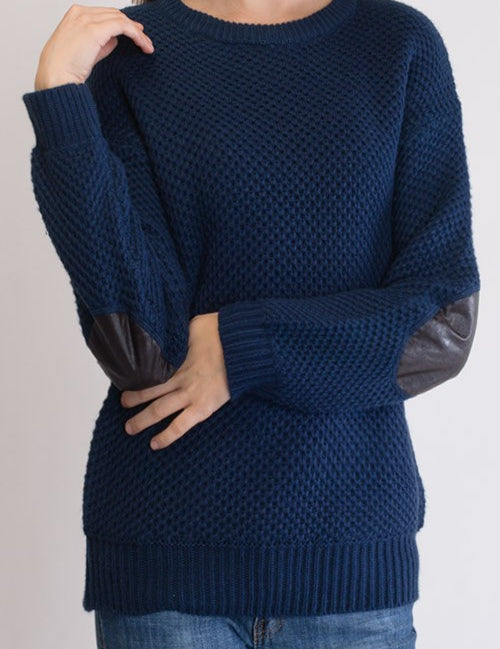 Women's Cozy Honeycomb Stitch Pullover Sweater with Elbow Patches