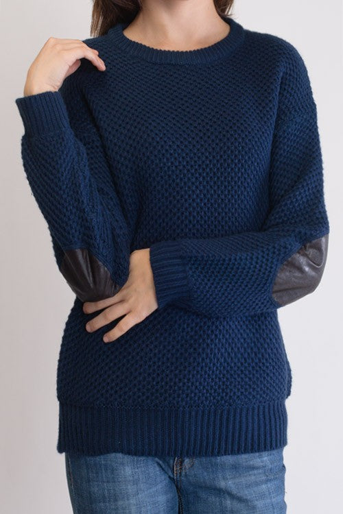 Women's Cozy Honeycomb Stitch Pullover Sweater with Elbow Patches