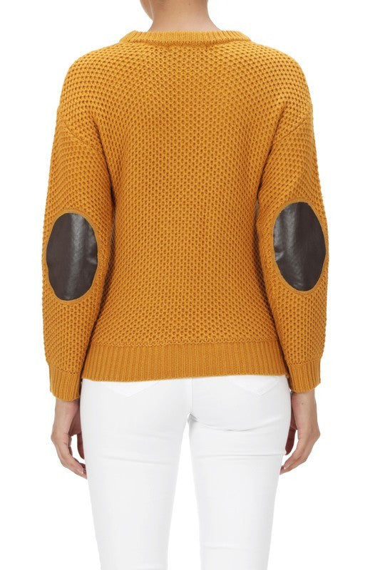 Women's Cozy Honeycomb Stitch Pullover Sweater with Elbow Patches