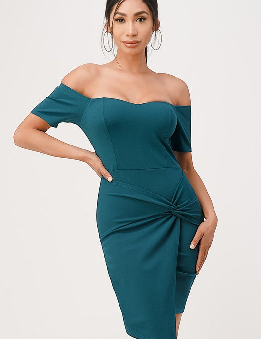 off the shoulder front twist bodycon dress