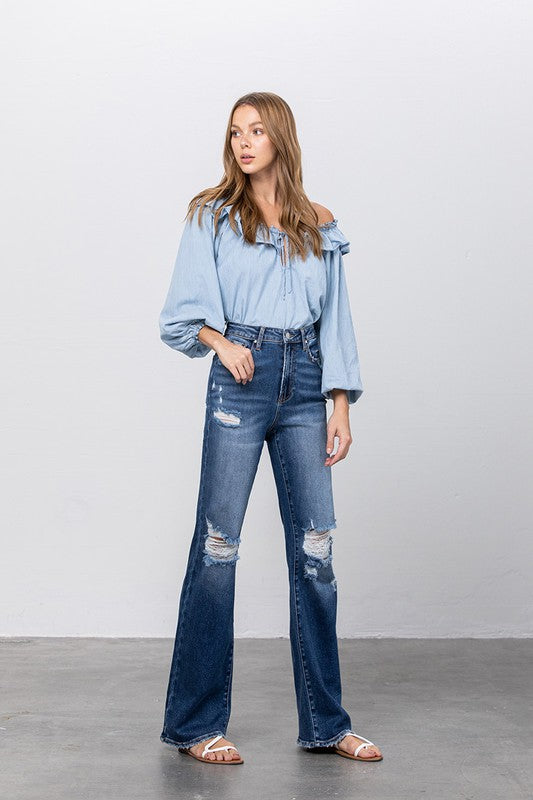 Women's High Waist Ripped Flare Jeans