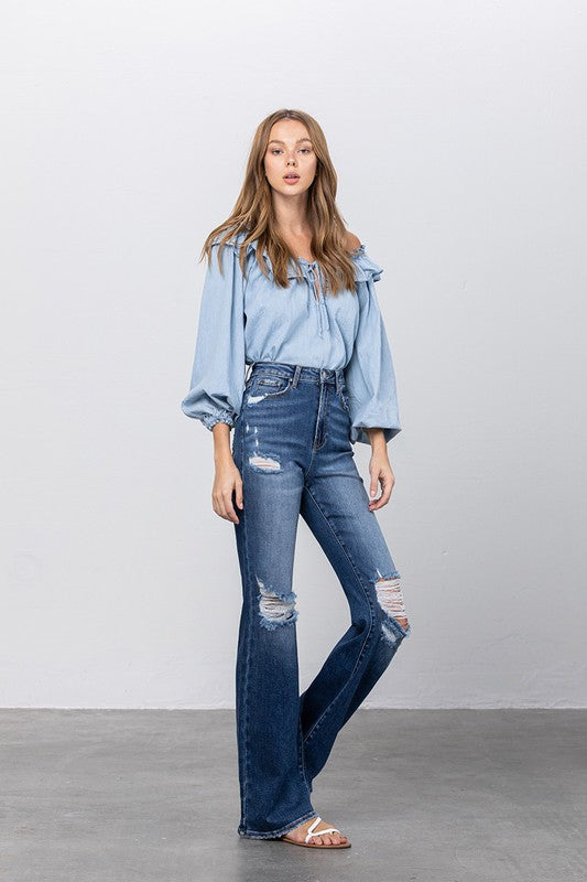 Women's High Waist Ripped Flare Jeans