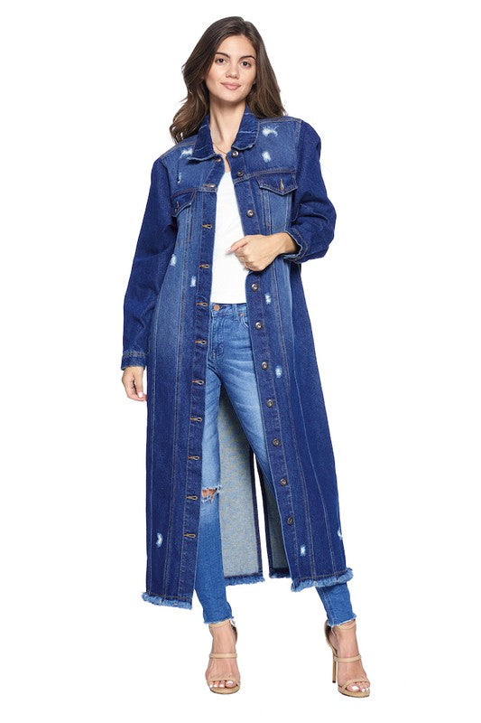 Women's Oversized Distressed Denim Long Jacket