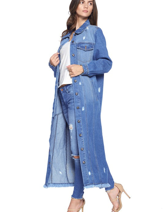 Women's Oversized Distressed Denim Long Jacket