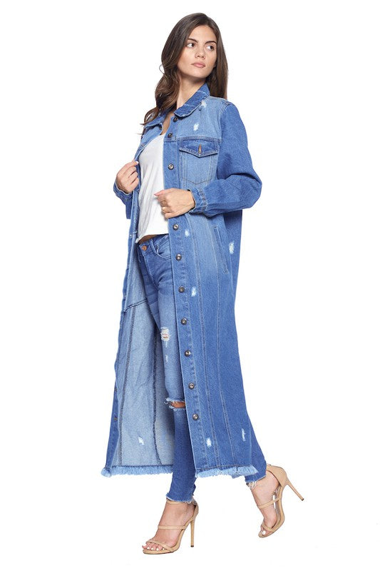 Women's Oversized Distressed Denim Long Jacket