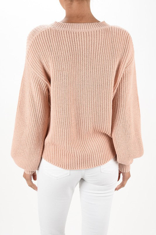 Women's Cozy Puff Bell Sleeve Waffle Knit Sweater Top