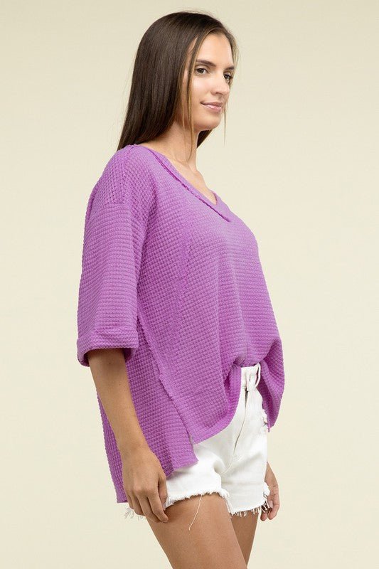 Brushed Waffle Exposed-Seam 3/4 Sleeve Top