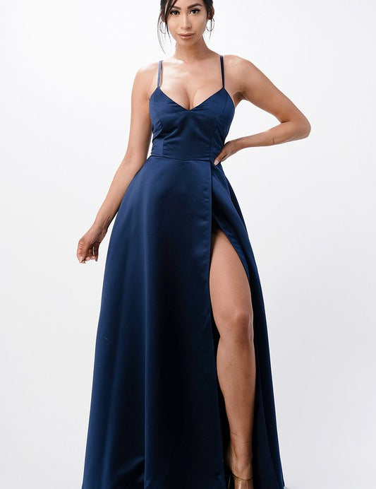 open side back spaghetti zig zag tie satin gown