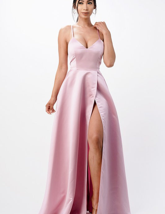 open side back spaghetti zig zag tie satin gown