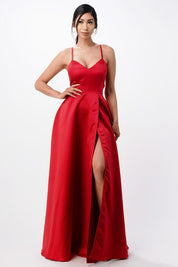 open side back spaghetti zig zag tie satin gown