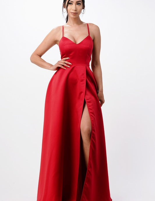 open side back spaghetti zig zag tie satin gown