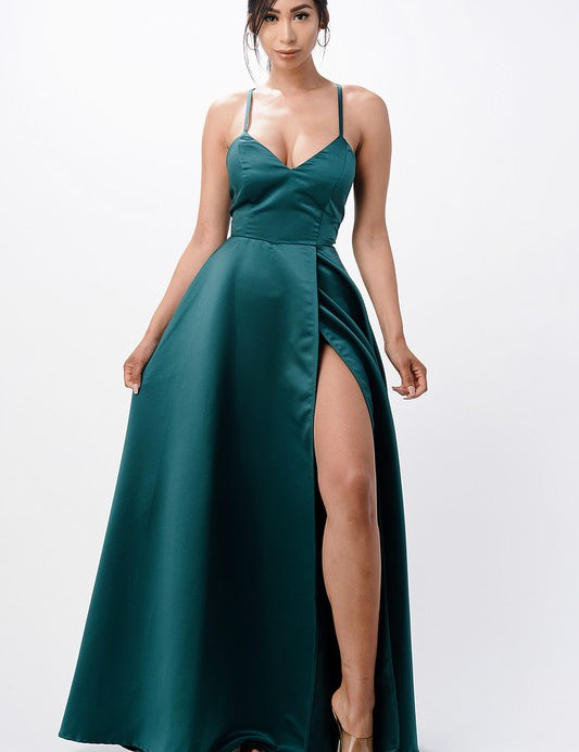 open side back spaghetti zig zag tie satin gown