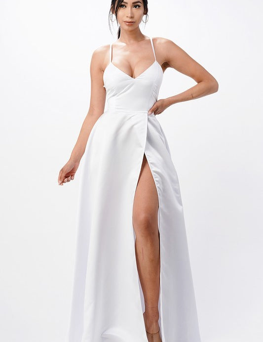 open side back spaghetti zig zag tie satin gown