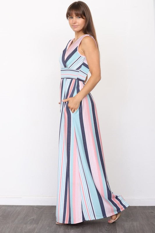 Women's Surplice Vintage Stripe Maxi Dress